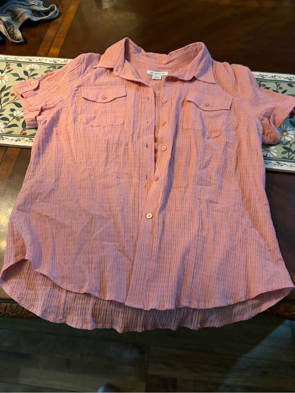 Pink Crinkle Short-Sleeve Button-Up women Top